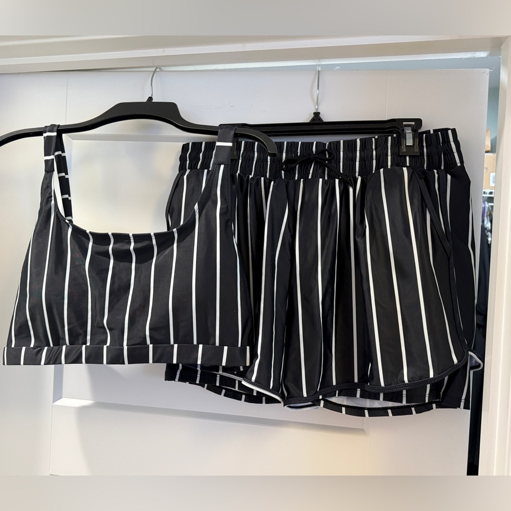 Black and White Striped Shorts Bikini Set